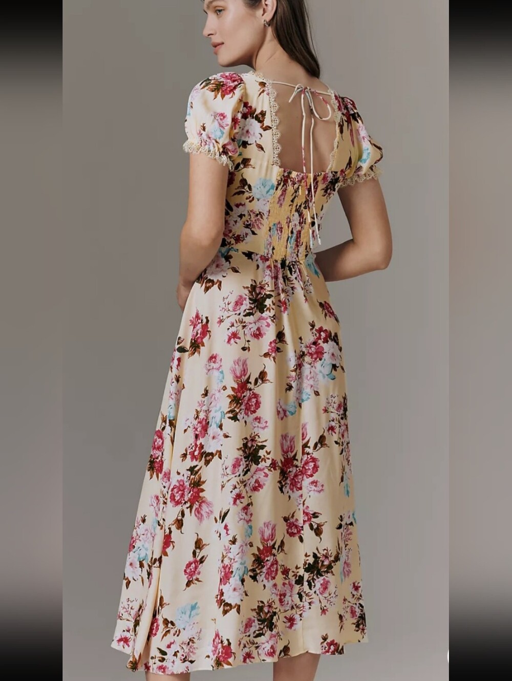 By Anthropologie Midi Dress in Pale Yellow Floral Lace Sweetheart Neckline S